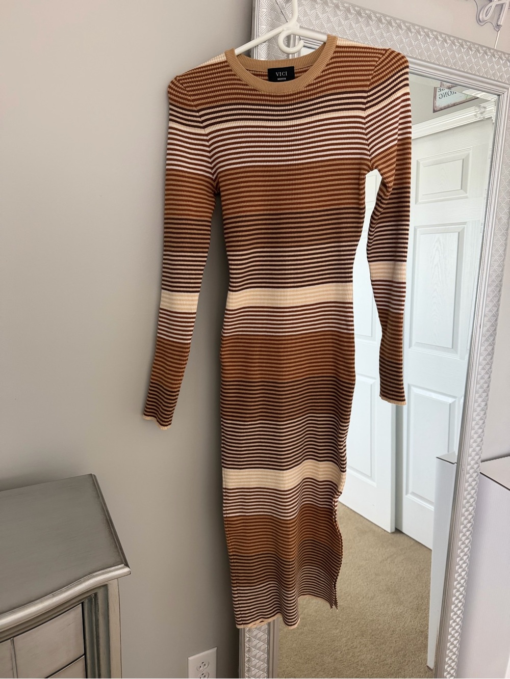 VICI Brown & Cream Striped Long Sleeve Midi Dress